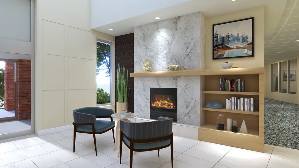 Fireplace lounge renovation rendering with comfortable seating and built-in shelving at Chartwell Stillwater Creek / Rendu de rénovation du salon avec foyer, sièges confortables et bibliothèque intégrée à Chartwell Stillwater Creek