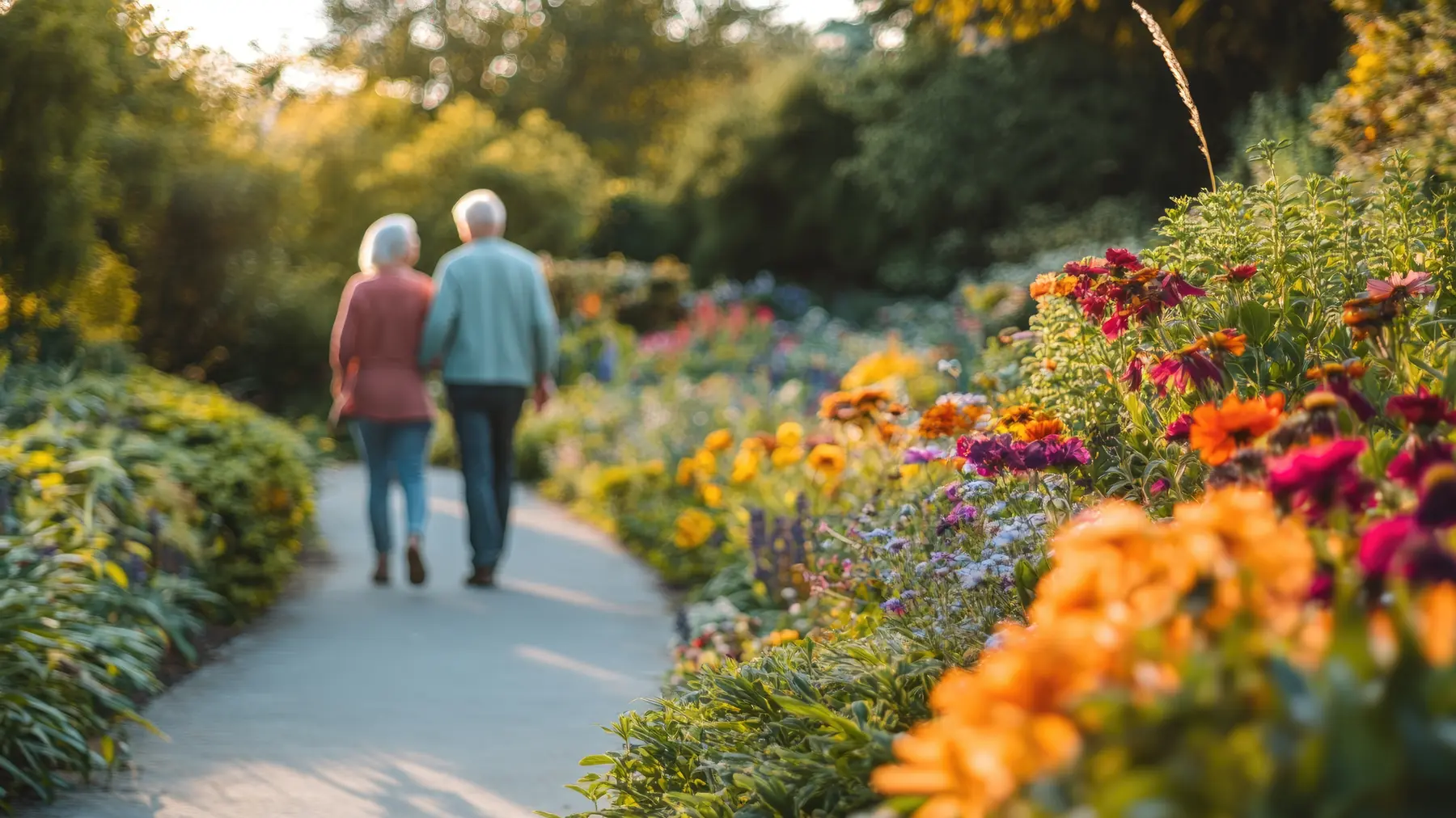 Senior couple are walking arm in arm down a pathway surrounded by greenery and flowers.
