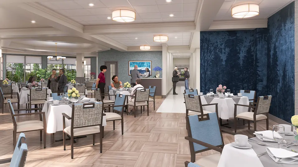 Dining room renovation rendering with restaurant-style seating and elegant décor at Chartwell Terrace on the Square / Rendu de rénovation de la salle à manger avec sièges de style restaurant et décor élégant à Chartwell Terrace on the Square