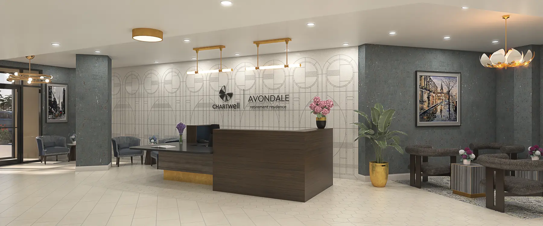 Reception desk renovation rendering with modern finishes at Chartwell Avondale / Rendu de la rénovation de la réception avec finitions modernes à Chartwell Avondale
