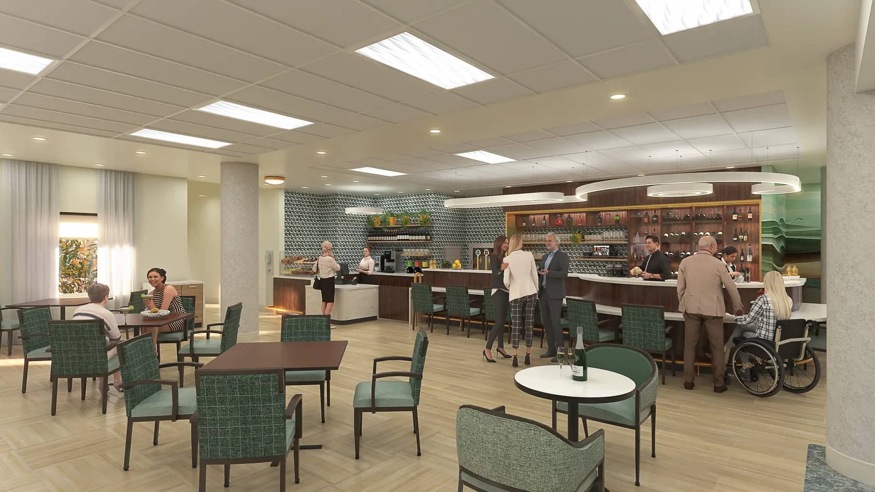 Bistro bar renovation rendering with dining tables and service counter at Chartwell Grenadier / Rendu de rénovation du bistro-bar avec tables et comptoir de service à Chartwell Grenadier
