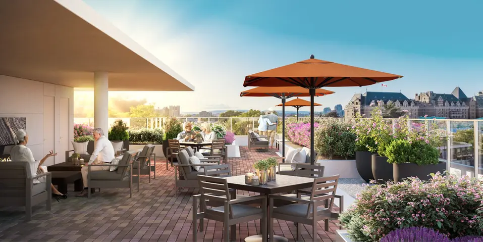 Rendering of the roof top patio at Chartwell Victoria Harbour / Rendu du patio sur le toit de Chartwell Victoria Harbour