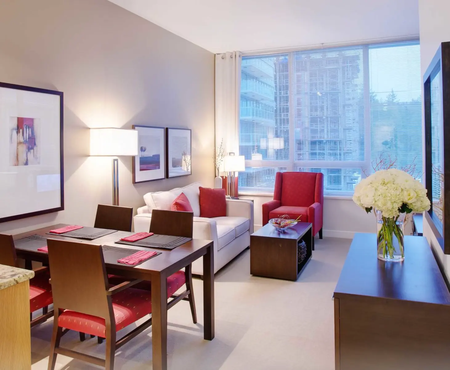 Model suite of living area at Chartwell Wesbrook Village