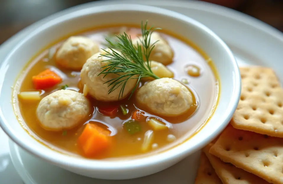 Warm matzo ball soup with crackers / Soupe chaude aux boulettes de matzo avec des crackers