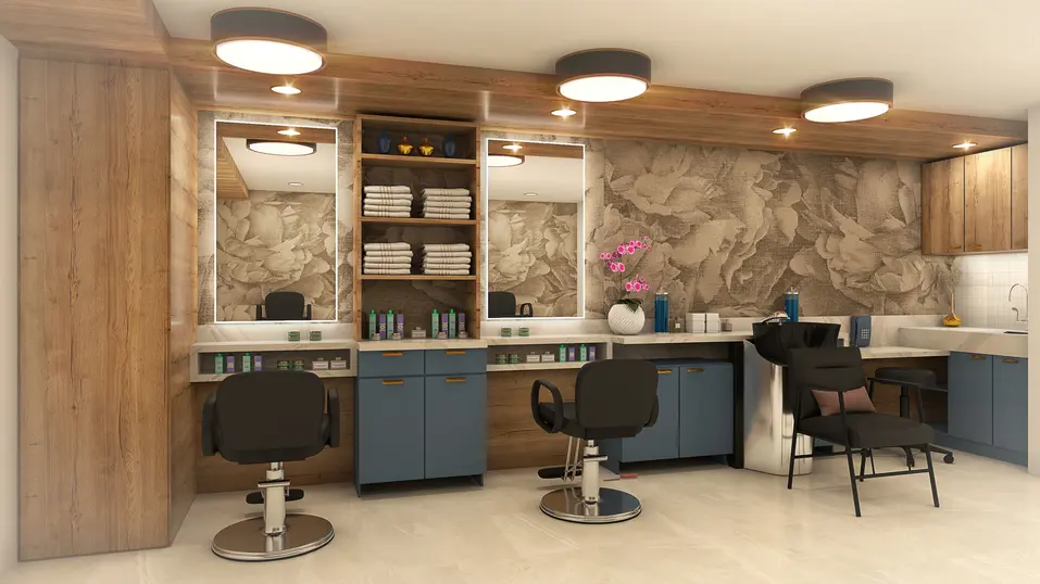 Renovation rendering of hair salon at Chartwell Churchill House / Rendu de la rénovation du salon de coiffure de Chartwell Churchill House