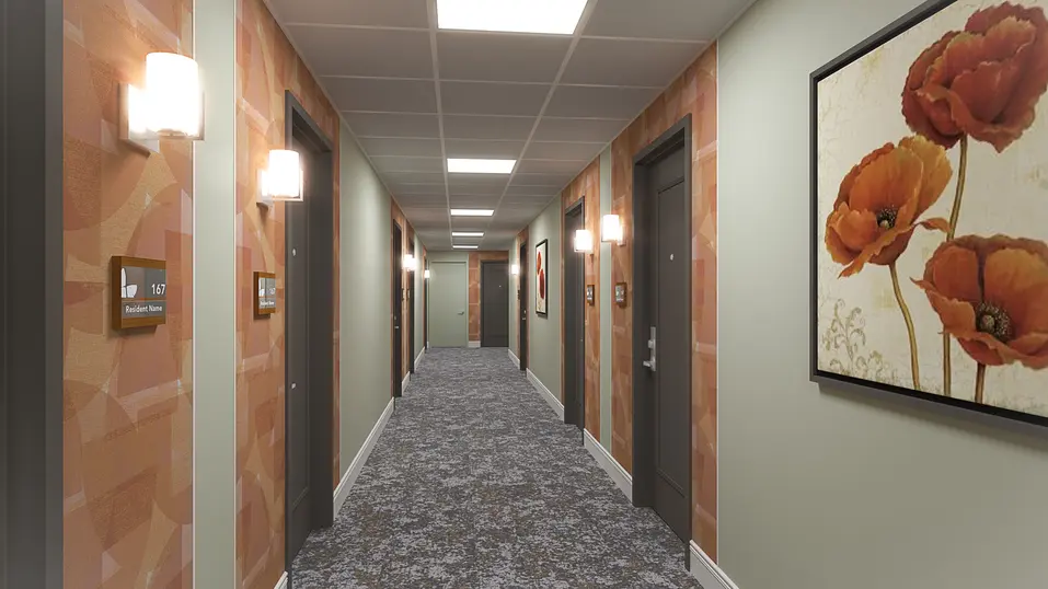Renovation rendering of corridor at Chartwell Lansing / Rendu de la rénovation du corridor de Chartwell Lansing