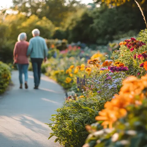 Senior couple are walking arm in arm down a pathway surrounded by greenery and flowers. / Un couple de personnes âgées marche bras dessus bras dessous sur un sentier bordé de verdure et de fleurs