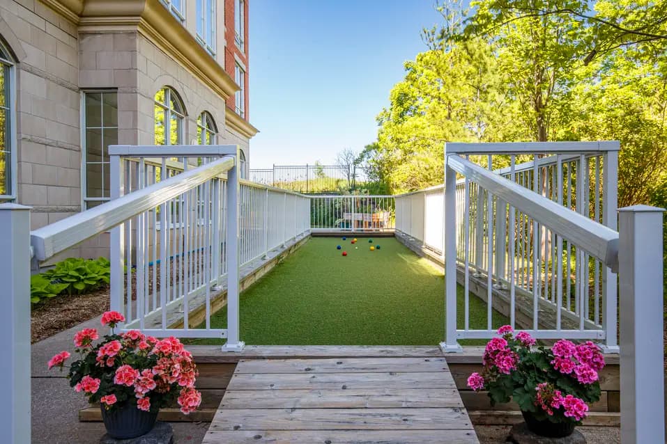 View of bocce court with flowers