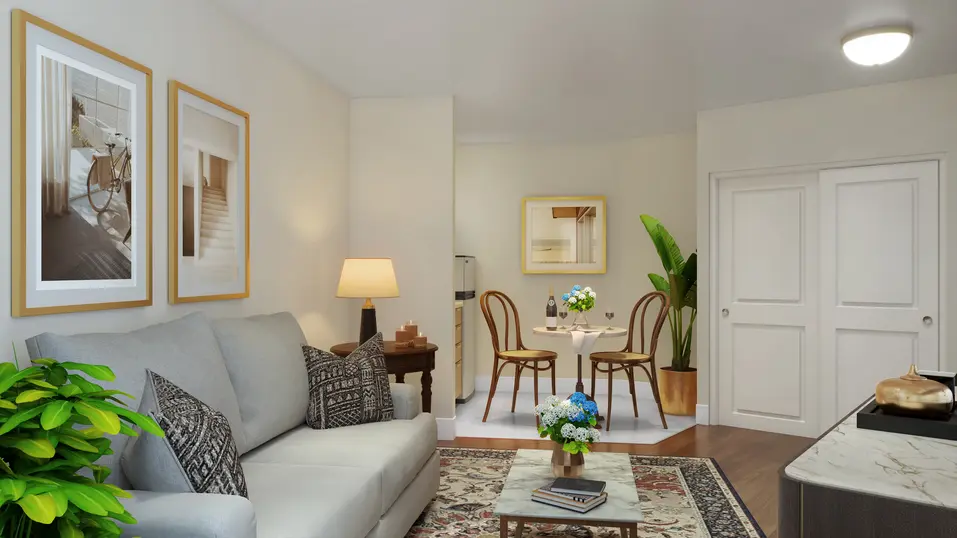 Model suite living room renovation rendering with dining area and kitchenette at Chartwell Martha's Landing / Rendu de rénovation de la suite témoin avec salon, coin repas et cuisinette à Chartwell Martha's Landing