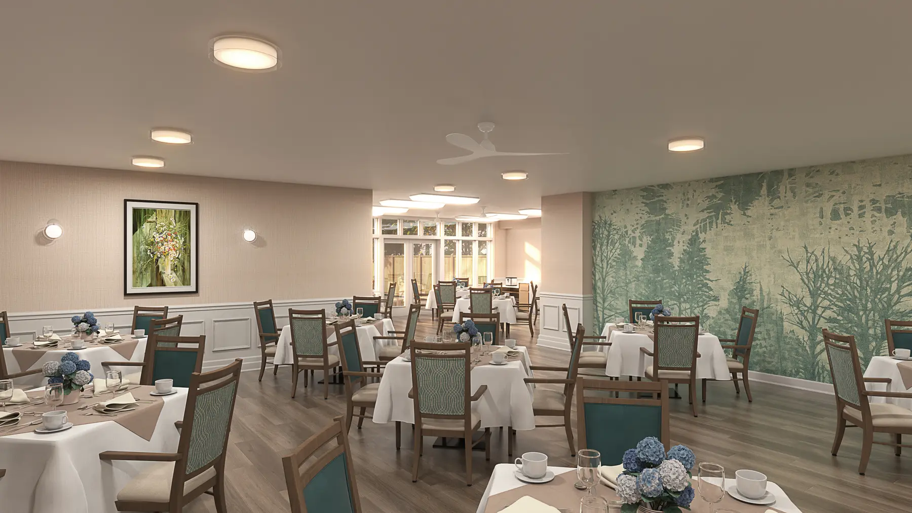 Renovation rendering of dining room at Chartwell Lansing / Rendu de la rénovation de la salle à manger de Chartwell Lansing