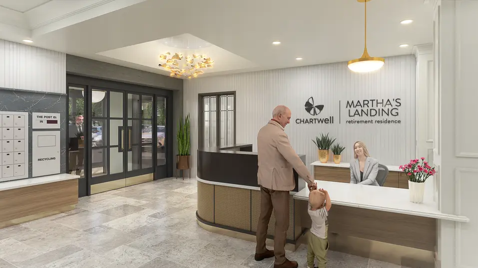 Concierge and reception renovation rendering with welcome desk at Chartwell Martha's Landing / Rendu de rénovation de la réception et du service de conciergerie avec comptoir d’accueil à Chartwell Martha's Landing