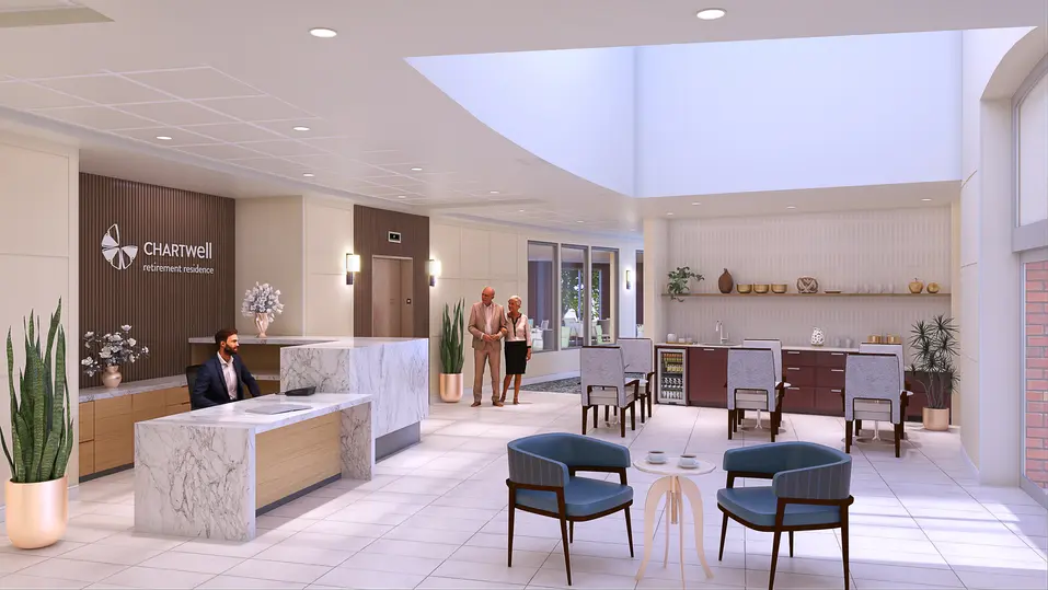 Lobby and café renovation rendering with reception desk and social seating at Chartwell Stillwater Creek / Rendu de rénovation du hall et du café avec comptoir de réception et espace de détente à Chartwell Stillwater Creek