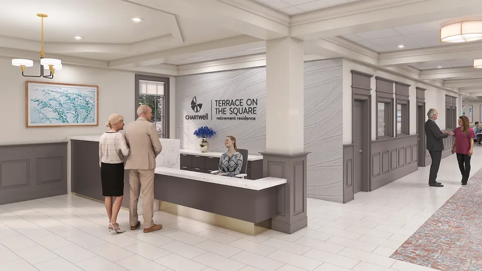 Reception area renovation rendering with welcome desk and modern finishes at Chartwell Terrace on the Square / Rendu de rénovation de l’aire de réception avec comptoir d’accueil et finitions modernes à Chartwell Terrace on the Square