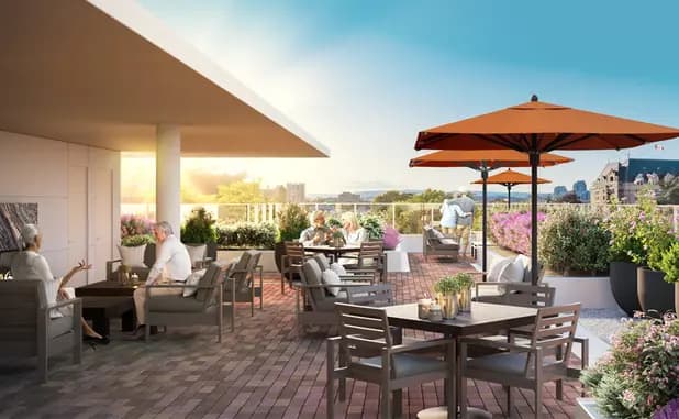 Rendering of the roof top patio at Chartwell Victoria Harbour / Rendu du patio sur le toit de Chartwell Victoria Harbour