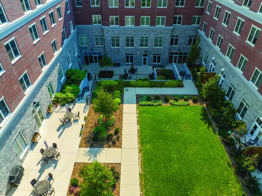 Chartwell Allandale Station Retirement Residence aerial view of courtyard.