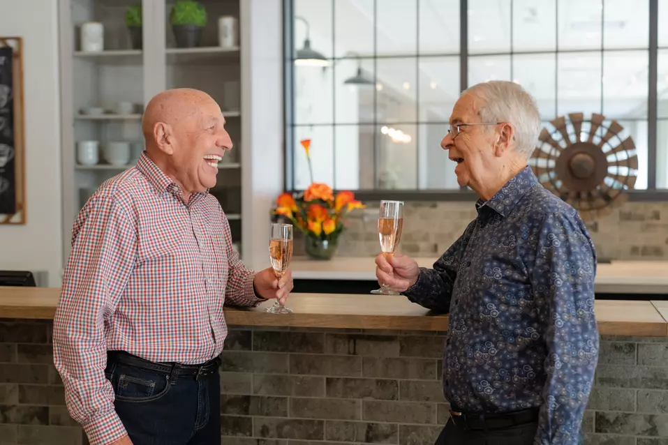 Senior men are drinking at a bar while having a joyful conversation / Des hommes âgés boivent dans un bar tout en discutant joyeusement