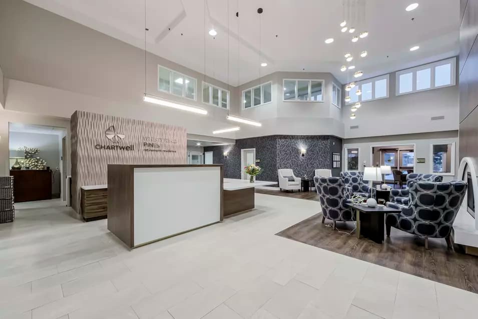 Newly renovated reception area and lounge at Chartwell Whispering Pines Retirement Residence.