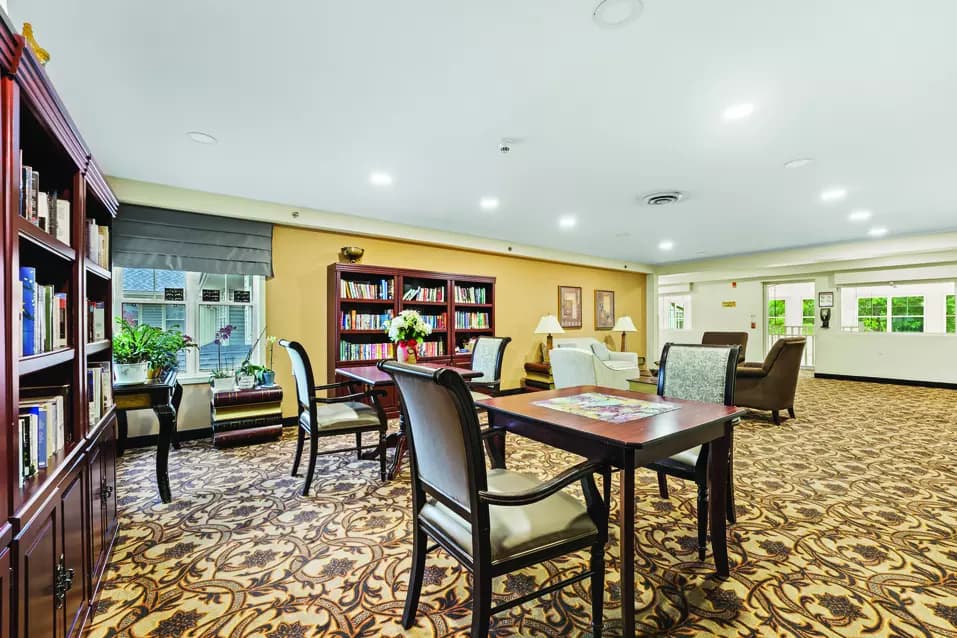 The library in one of the common areas of Chartwell Rouge Valley Retirement Residence