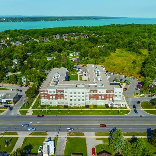 Chartwell Allandale Station Retirement Residence aerial shot with gorgeous lake views.